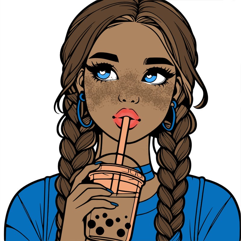 realistic girl with braided hair drinking boba