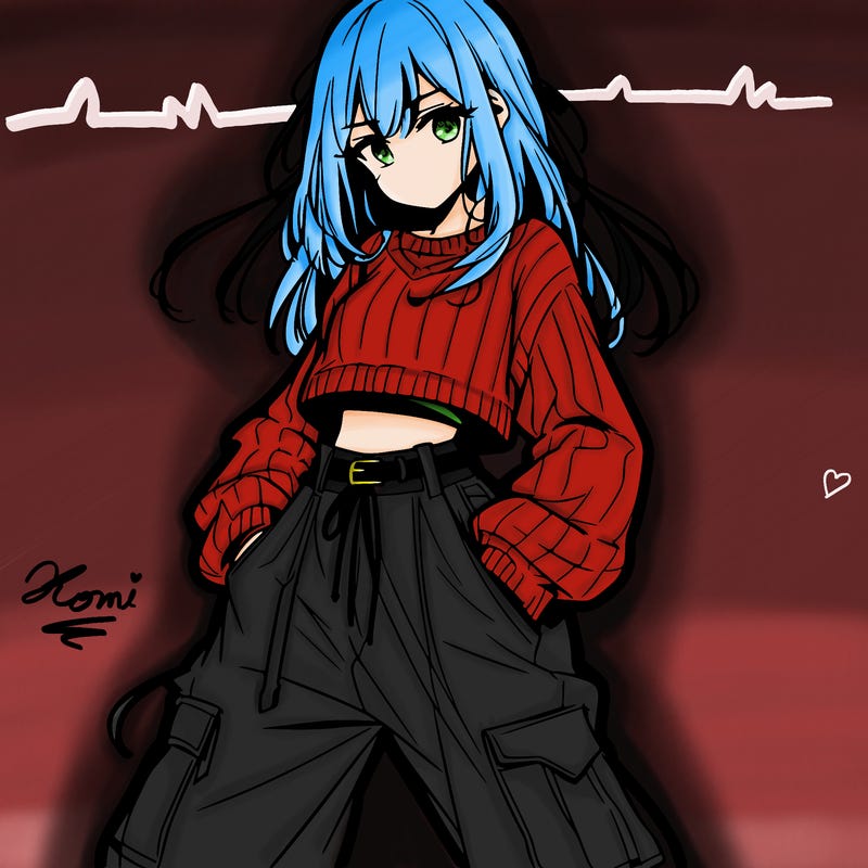 anime teen girl with baggy pants and crop top with sweater