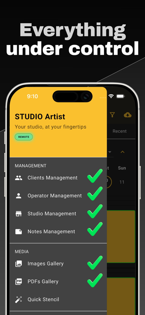 A mobile interface for STUDIO Artist showing management features like clients, operators, and studio settings with a checklist style.