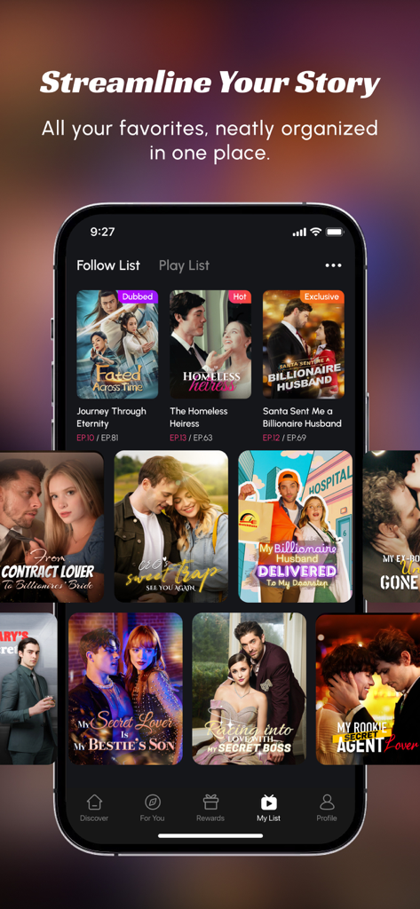 Smartphone screen displaying the JoyReels app with various short drama series organized in a list.