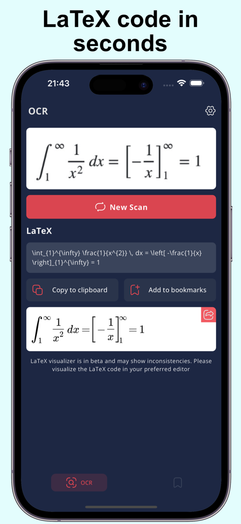 LaTeX OCR app interface showing a mathematical integral formula converted into LaTeX code
