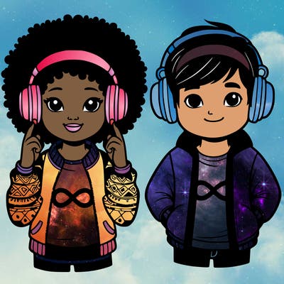 an afroamerican girl with headphones and a boy with headphones, they have an ♾️ symbol on their shirt