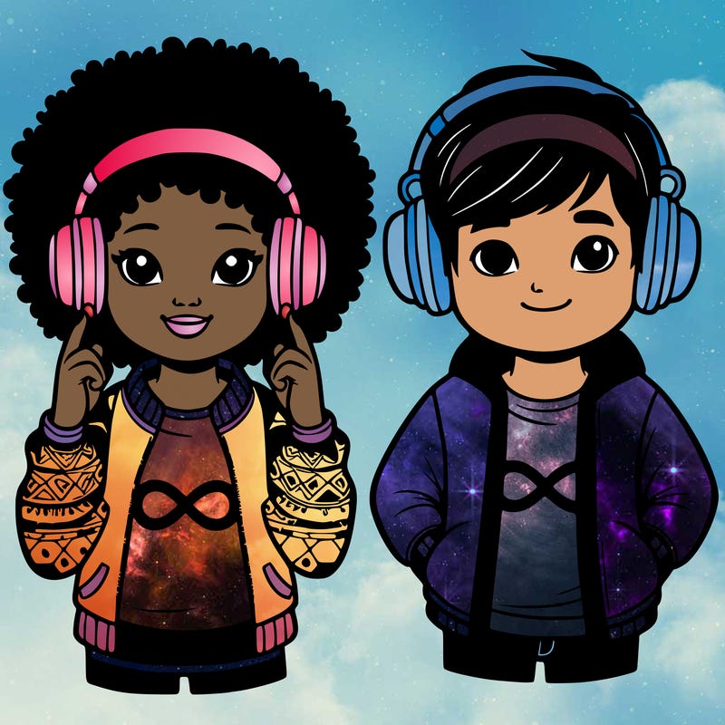 an afroamerican girl with headphones and a boy with headphones, they have an ♾️ symbol on their shirt