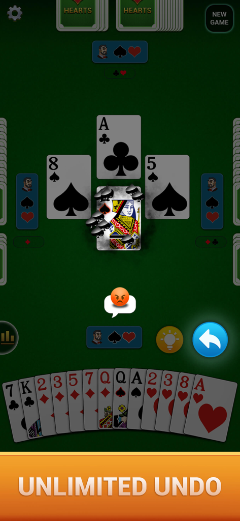 Hearts : Deluxe Card Game - Gameplay of Hearts card game showing large cards and the unlimited undo feature on a green table.