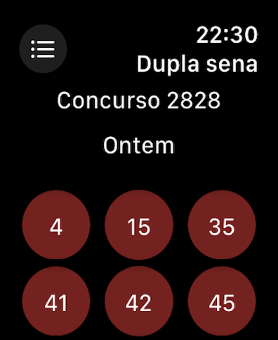 Mega Watch - Schermata dell'app Mega Watch su Apple Watch che mostra i numeri vincenti della lotteria