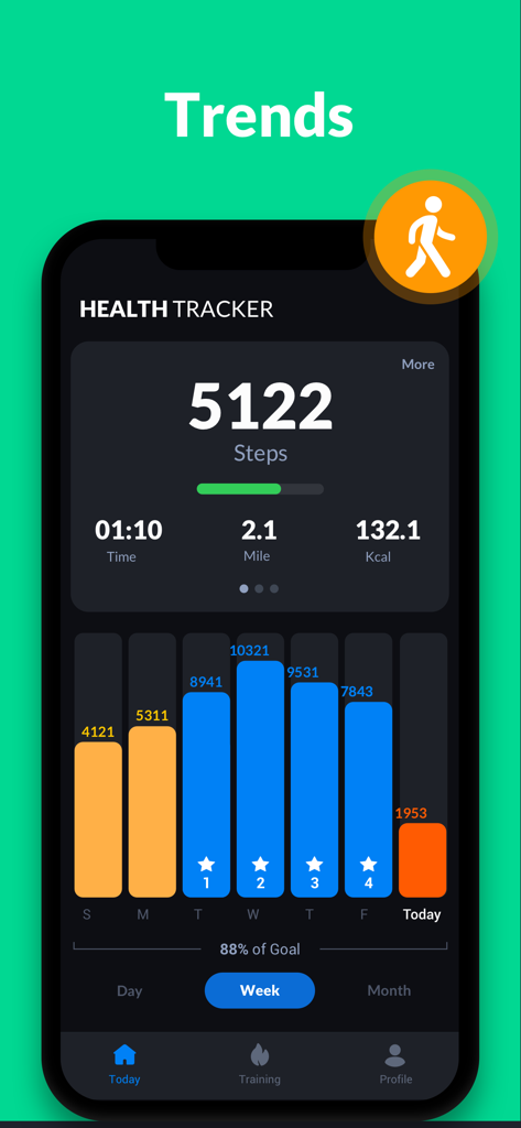 Weekly step count trends bar graph in a dark mode health tracker app interface