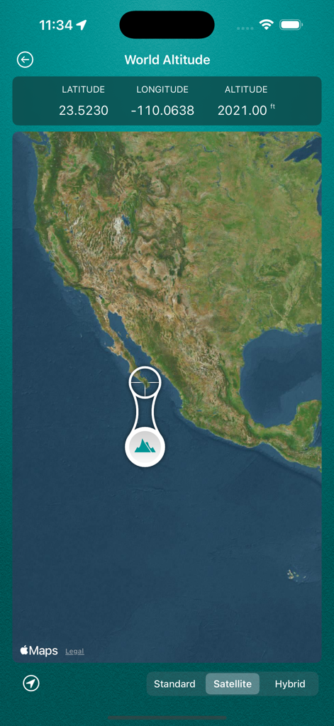 My Altitude - My Altitude app showing World Altitude feature with latitude longitude and altitude coordinates on a satellite map