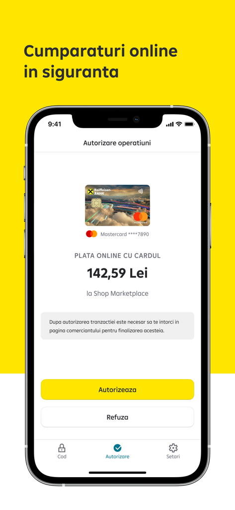 Raiffeisen SmartToken app screen showing a transaction authorization for an online card payment