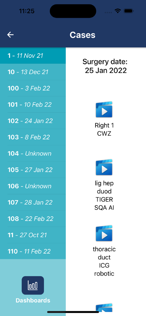 SQA App - A list of surgical cases with dates and video icons for procedural review in the SQA App.
