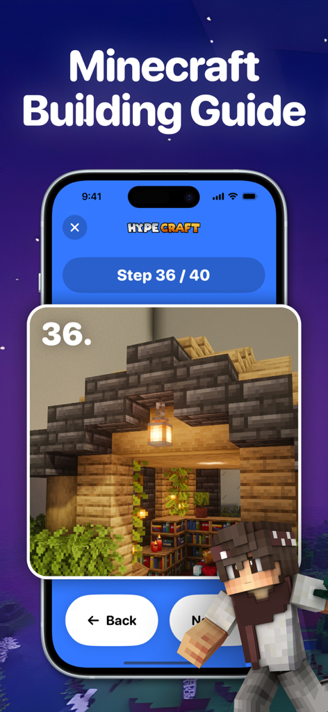 HypeCraft app interface showing a step-by-step building guide for a Minecraft house.