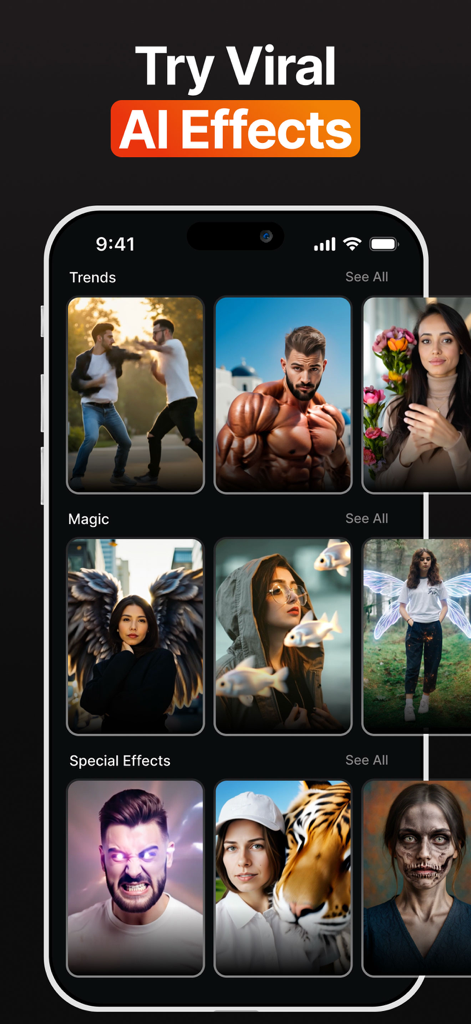 Tela do aplicativo Hedra AI mostrando categorias de efeitos virais com IA como magia de tendências e efeitos especiais para criadores de mídias sociais