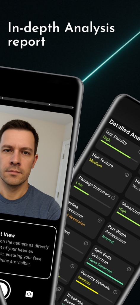 Hair Guru - AI Scalp/Hair Scan - A detailed hair health analysis report on the Hair Guru app showing metrics for hair density texture and damage detection