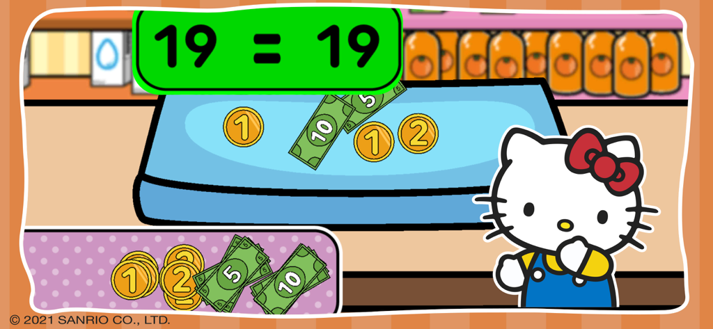 Hello Kitty: Supermarket Game - Hello Kitty at a supermarket checkout counter with coins and banknotes showing a simple math calculation