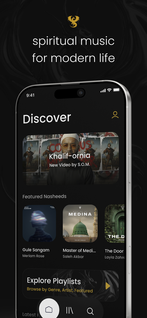 Mystic Meditation Records - The Discover page of Mystic Meditation Records app featuring various Islamic nasheeds and spiritual music.