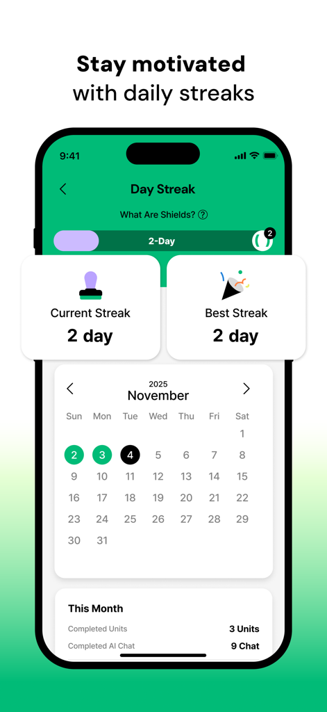 Seyo: Speak Korean Confidently - Interface of the Seyo app showing a daily streak tracker and calendar for learning Korean.