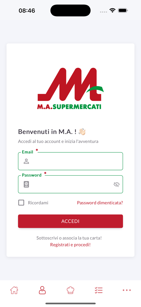 Interfaccia di accesso per l'app mobile MA Supermercati con campi di inserimento email e password