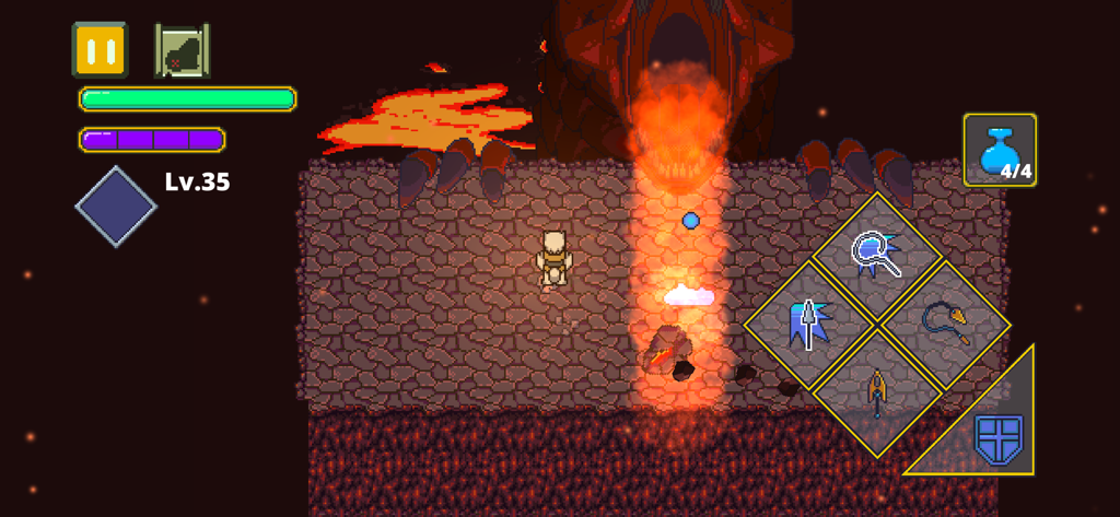 Labyrinth Legend - A character at level thirty-five facing a giant fire-breathing boss in a pixel art dungeon from Labyrinth Legend.