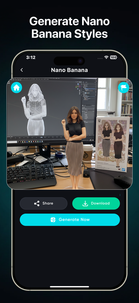 Smart Chatbot & AI Assistant - AI assistant app interface showing a photo style transformation feature on a smartphone screen.