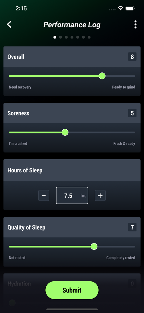 Performance log screen showing wellness and recovery tracking in the BridgeAthletic app