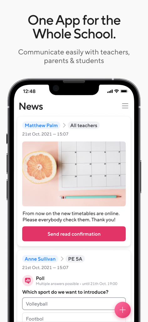 Sdui app news feed interface showing school announcements and interactive polls for parents and teachers.
