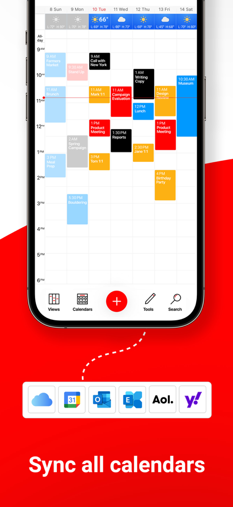 Week Calendar App zeigt einen Wochenplan und Kalender-Synchronisierungsoptionen für iCloud, Google und Outlook an