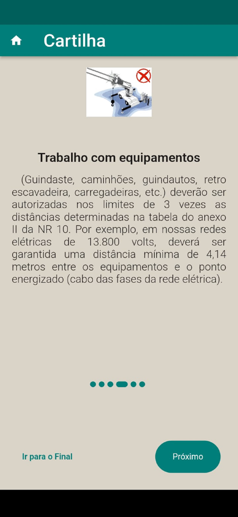 Zona Livre NR 10 - Educational screen from the Zona Livre NR 10 app explaining safety distances for heavy equipment near electrical power lines