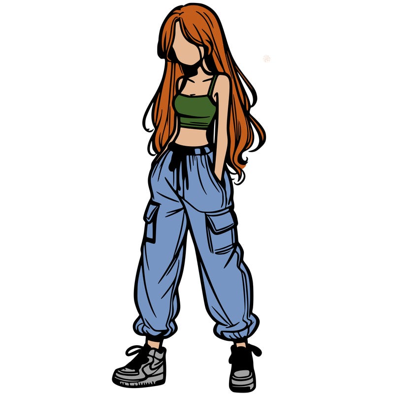 girl in baggy pants crop top and long hair