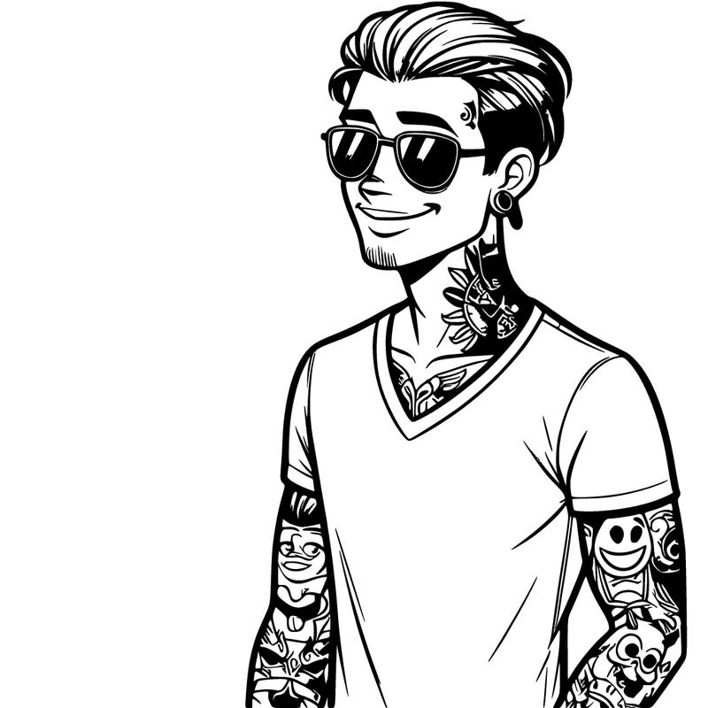guy with many tattoos and a t shirt and a pair of sunglasses and a beautiful smile and straight hair with lowered tuft