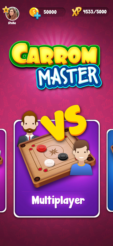 Pantalla del lobby del modo multijugador de la aplicación móvil Carrom Master mostrando avatares de jugadores y un gráfico del tablero de carrom.