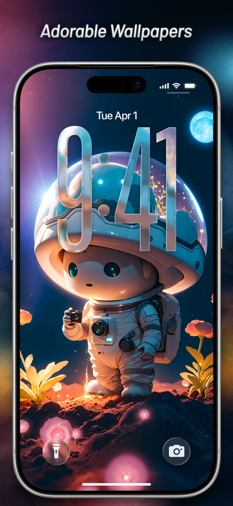 Kawaii Wallpapers Cute Anime - A cute chibi astronaut character on a starry space background with glowing flowers used as a mobile lock screen wallpaper.