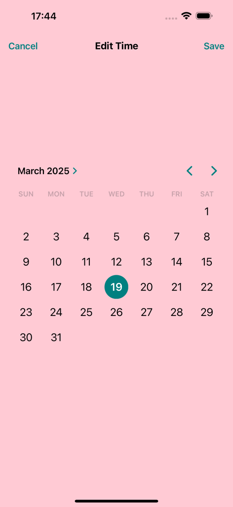 In Love: Days Counter Widget - Écran de calendrier de l'application In Love pour sélectionner une date d'anniversaire de relation.