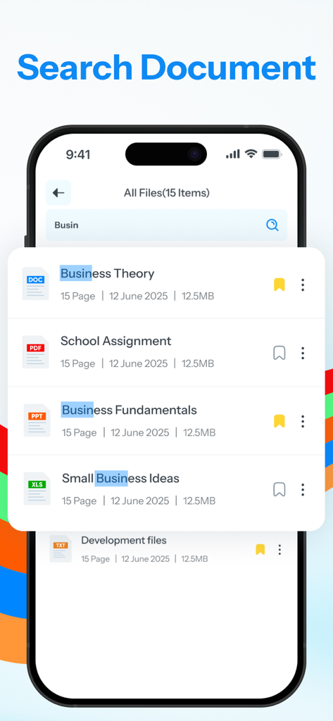 All Document Reader: PDF, Word - さまざまなファイル形式がリストされたオール ドキュメント リーダーアプリのドキュメント検索機能を示すスマートフォン画面