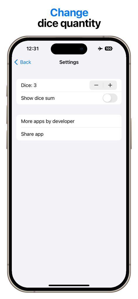 Dice Project - Settings screen of Dice Project app showing options to change dice quantity and show dice sum