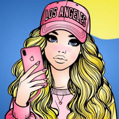 realistic beautiful girl wearing los ángeles cap holding an iphone