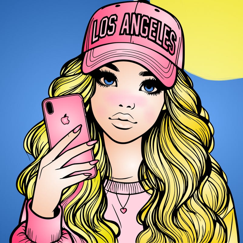 realistic beautiful girl wearing los ángeles cap holding an iphone
