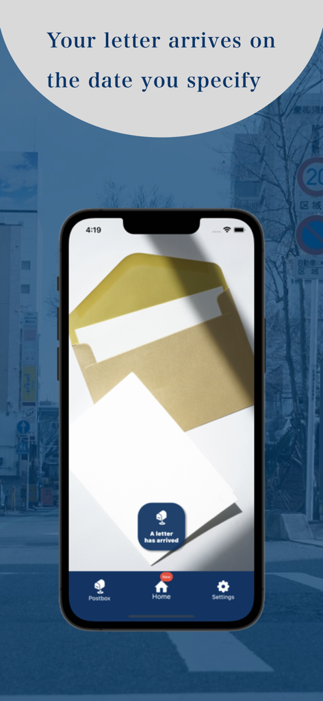 Letter to your future - Pantalla de smartphone mostrando una notificación de entrega de carta con un gráfico de sobre en la aplicación Carta a tu futuro