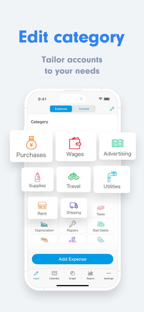 Interfaz de la aplicación Small Biz Budget que muestra categorías de gastos empresariales personalizables con iconos para salarios, publicidad y viajes.