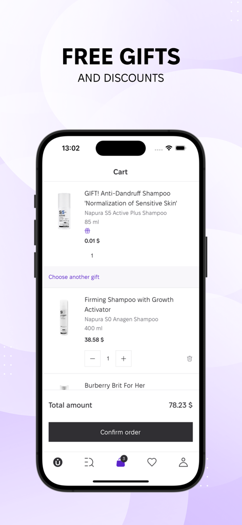 L'interface du panier d'achat de l'application MAKEUP affichant un shampooing cadeau et le montant total de la commande.