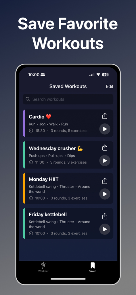 Interval Timer HIIT Workout - Interface showing a list of saved favorite HIIT and kettlebell workouts in the Interval Timer app.