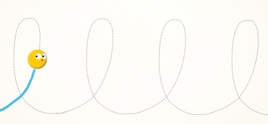 Visual Motor Integration - Un personaje de carita sonriente amarilla trazando una línea discontinua en bucle para ayudar a los niños a desarrollar habilidades motrices finas.