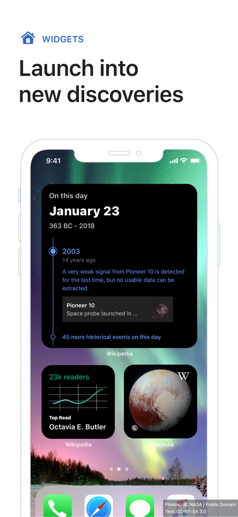 Wikipedia - 오늘의 위키백과 위젯, 오늘의 추천 기사, 오늘의 사진이 표시된 iPhone 홈 화면