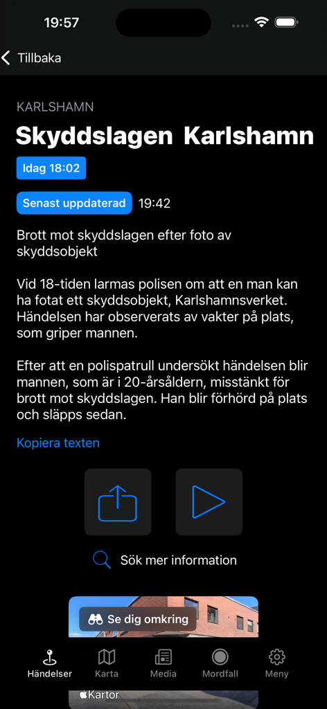 Blåljus  – True Crime Podcasts - Detail view of a local police incident report on the Blaljus mobile app