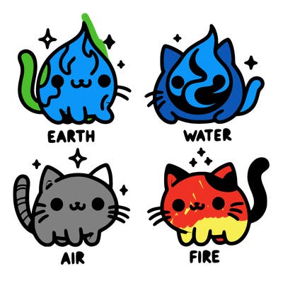 4 cats that represent the different elements, earth, water, air, and fire