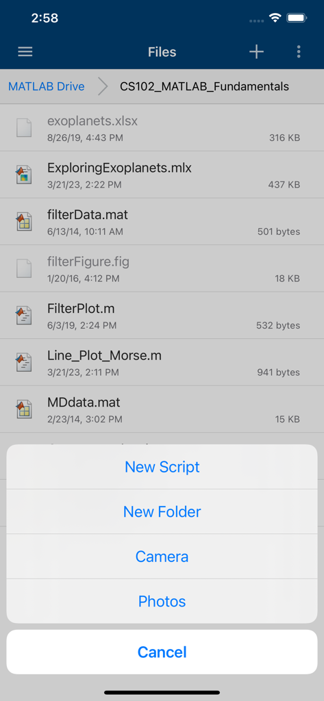 The MATLAB Mobile app interface showing a list of project files in MATLAB Drive and a menu with options to create a new script or access the camera.