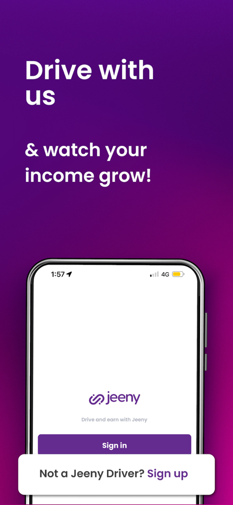 Jeeny - Drive and earn money - Jeeny driver app screenshot showing the sign in page and income growth slogan