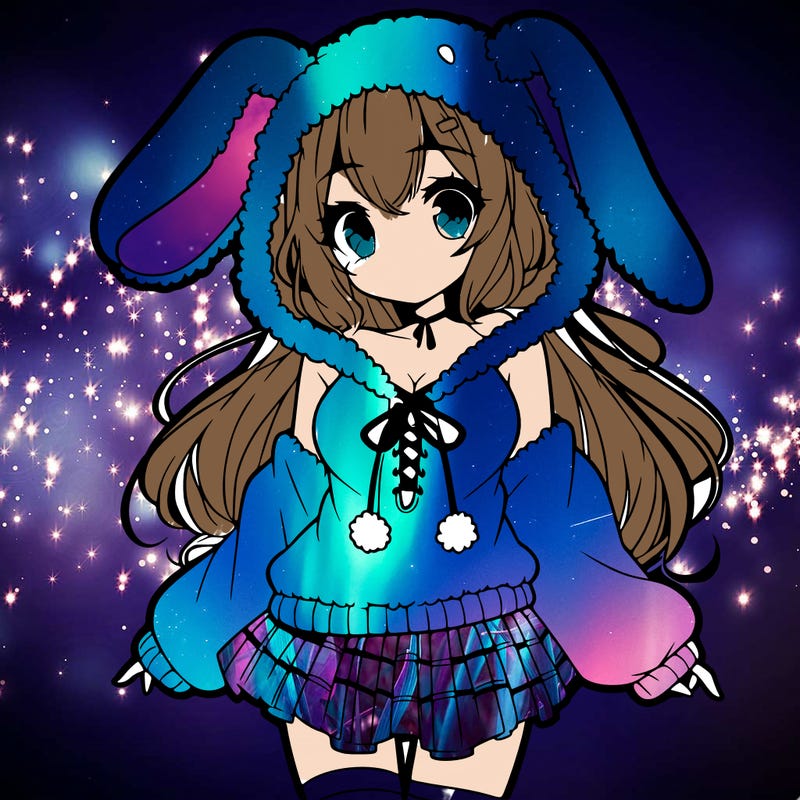 pretty anime girl wearing a fluffy hoodie with bunny ears on the hood and a skirt