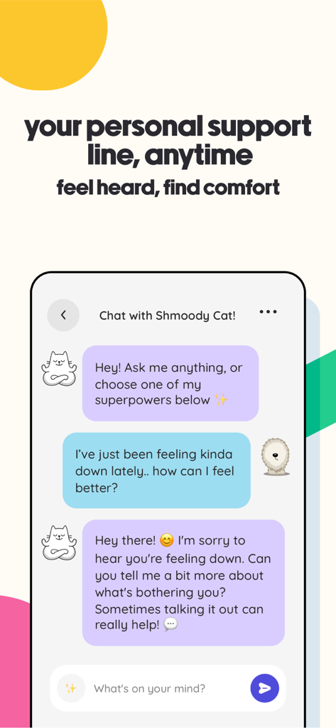 Shmoodyアプリでのチャット会話。個人的な感情的なサポートと快適さを提供しています。