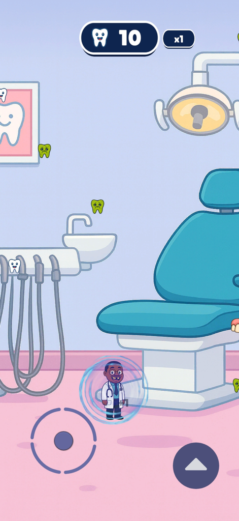 Clicky Tooth - Dentist character with a blue shield power up in a cartoon dental office gameplay