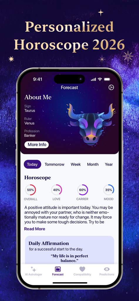 Futurio app screen showing a personalized 2026 horoscope forecast for a Taurus user including category percentages and daily affirmations