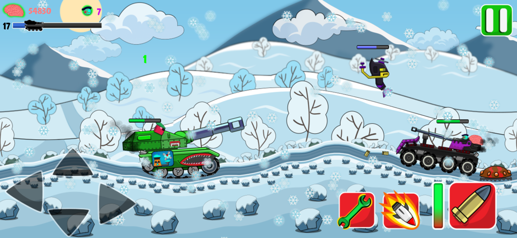 TankCraft - War Tank Battles - Ein grüner benutzerdefinierter Panzer, der in einer verschneiten 2D-Umgebung gegen ein feindliches Fahrzeug kämpft